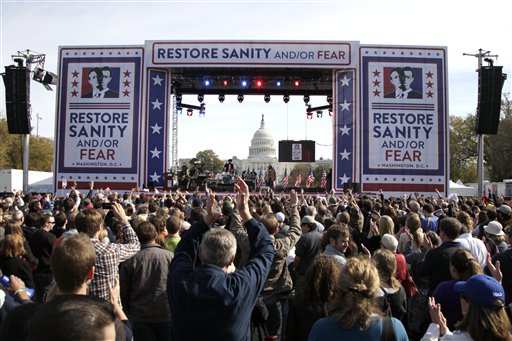 Stewart and Colbert draw mammoth crowd with many messages