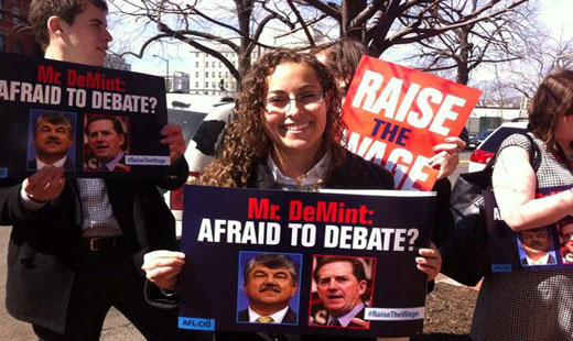 AFL-CIO leads demonstration for minimum wage hike outside Heritage Foundation