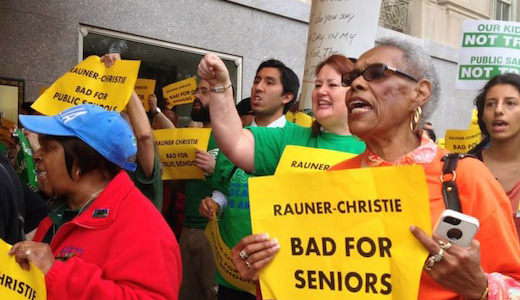 At GOP fundraiser, protesters warn “Rauner and Christie – bad for Illinois, bad for USA”