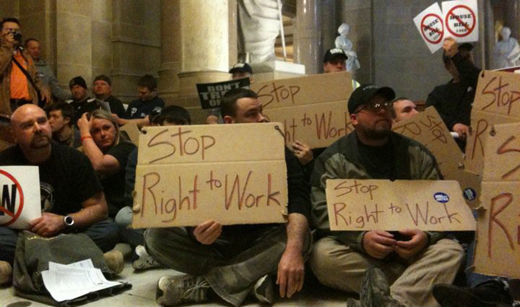 Right now: 1,000 workers sit in and block Indiana state Senate