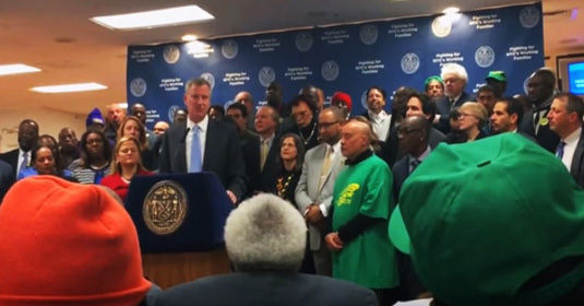 Mayor De Blasio helps celebrate NY Fight For 15 victory