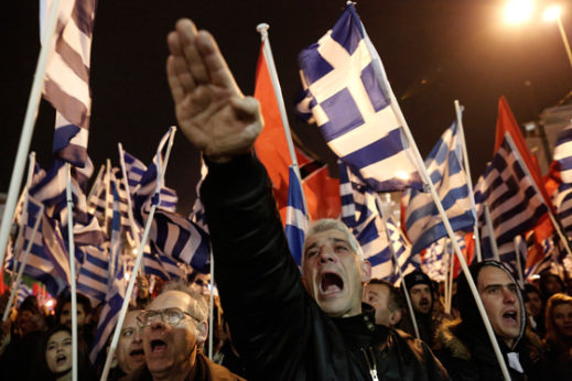 Members of Greece's Golden Dawn party at a rally in Athens. The neo-Nazi organization has praised Trump's victory as a win for all who support "clean ethnic states." | AP