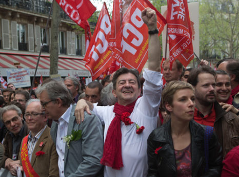 Third photo caption: Left Party leader Jean-Luc Melanchon, centre, gestures as he marches during a rally to protest the austerity plan of French President Francois Hollande in Paris, May 5, 2013. His candidacy has received the endorsement of the French Communist Party. | Michel Euler / AP