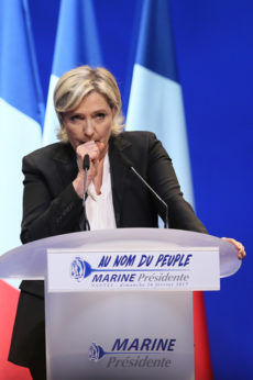 French far-right leader Marine Le Pen speaks at a conference in Nantes on Feb. 26. | David Vincent / AP