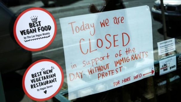 Many restaurants and other businesses across the U.S. closed their doors in solidarity with immigrants who stayed home from work or school for the 'Day Without an Immigrant'. Here, a restaurant in Las Vegas displays a sign in its window announcing its decision to customers. | John Locher / AP