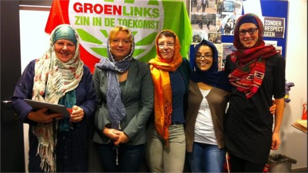 Women members of the left-wing GroenLinks party from a variety of backgrounds participate in a "head scarf protest" in Almere against a local leader of Geert Wilders' Freedom Party who said he was "annoyed" seeing Muslim women in the streets. | GroenLinks