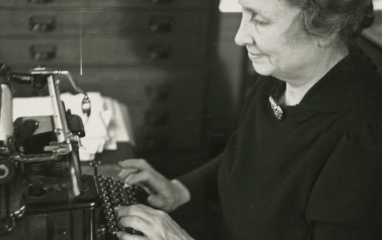 Helen Keller at work on the typewriter. | Perkins School for the Blind