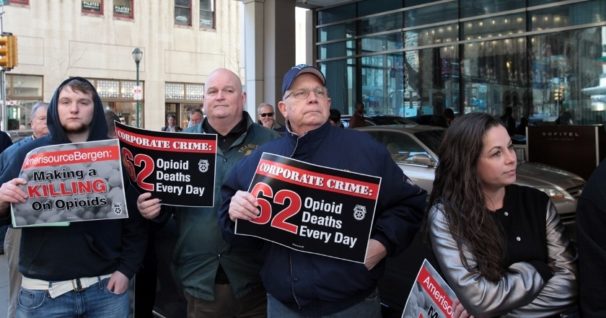 Teamsters members protest outside the shareholders meeting of drug wholesaler AmericsoureBergen in Philadelphia on March 2. Protesters outside highlighted the company's role in the opioid epidemic while union officials inside demanded accountability from the board of directors. | Teamsters.org