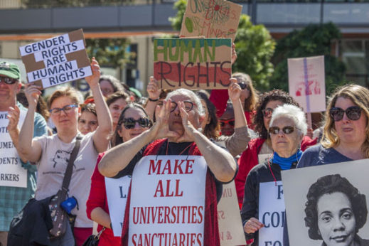 BERKELEY, CA - 8MARCH17 - Students, faculty and active women and their men supporters celebrate International Women's Day at the University of California campus in Berkeley. Women protested the anti-women policies and statements of Donald Trump as U.S. President, as well.Copyright David Bacon