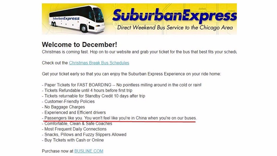 Racist bus company: “You won’t feel like you’re in China on our buses”