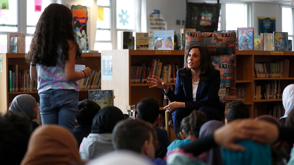 Accepting union challenge, Kamala Harris spends day with teachers