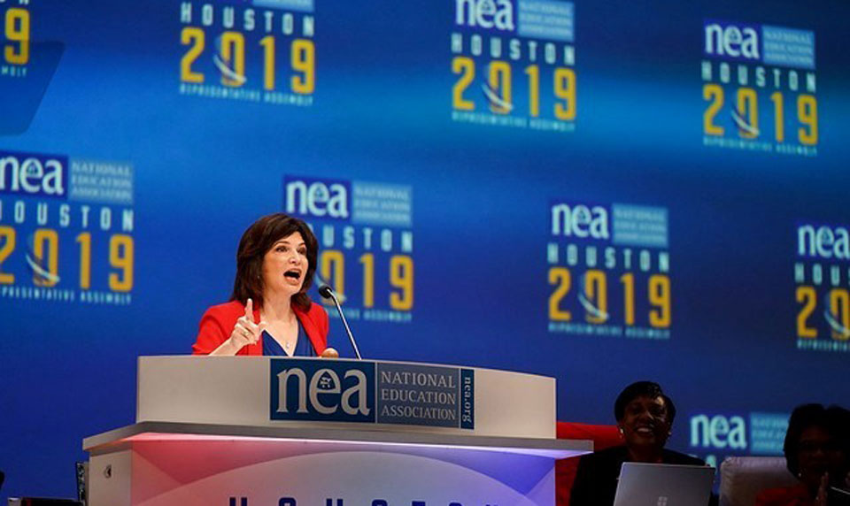 Head of NEA, country’s biggest union, says Trump is a danger to democracy