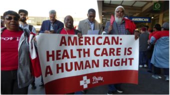 Union marchers tell American Airlines: “Healthcare is a human right!”