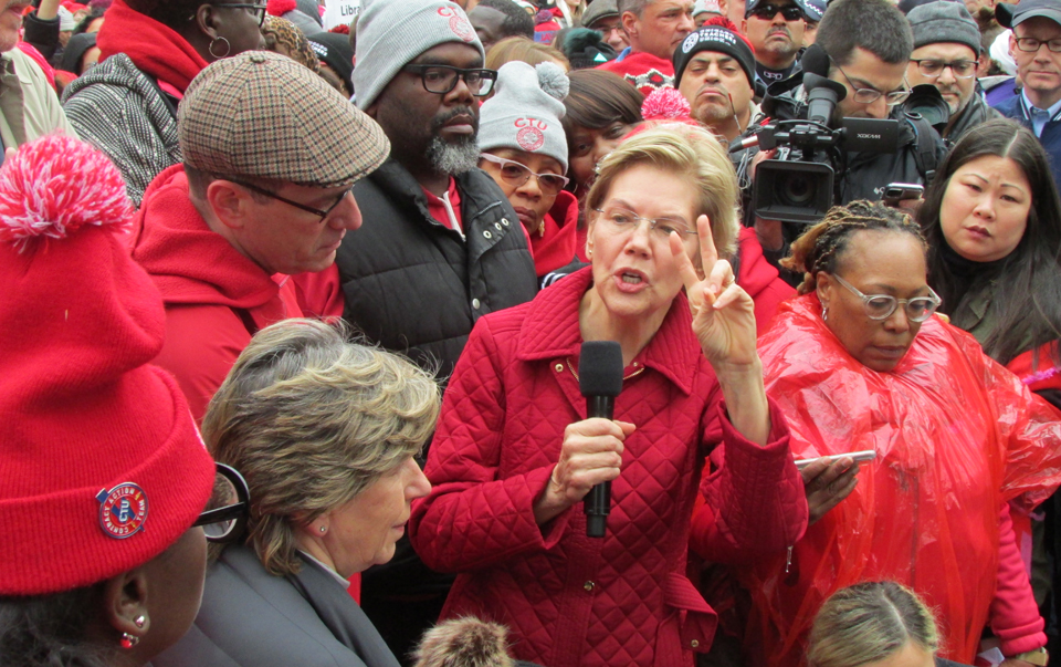 Warren rallies with striking teachers, calls for structural education reforms