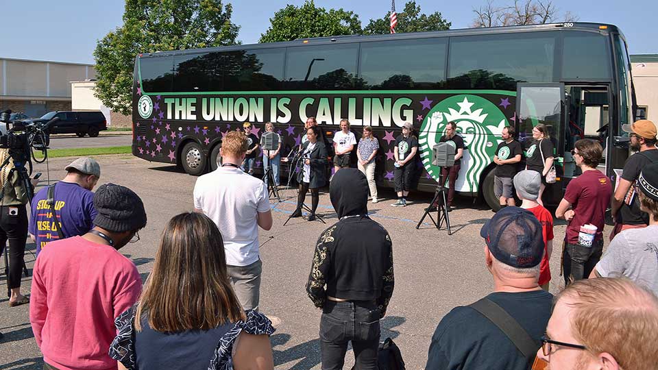 Bussin’ baristas take Starbucks union campaign on the road